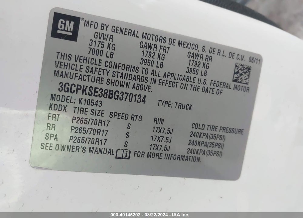 2011 CHEVROLET SILVERADO 1500 LT VIN: 3GCPKSE38BG370134