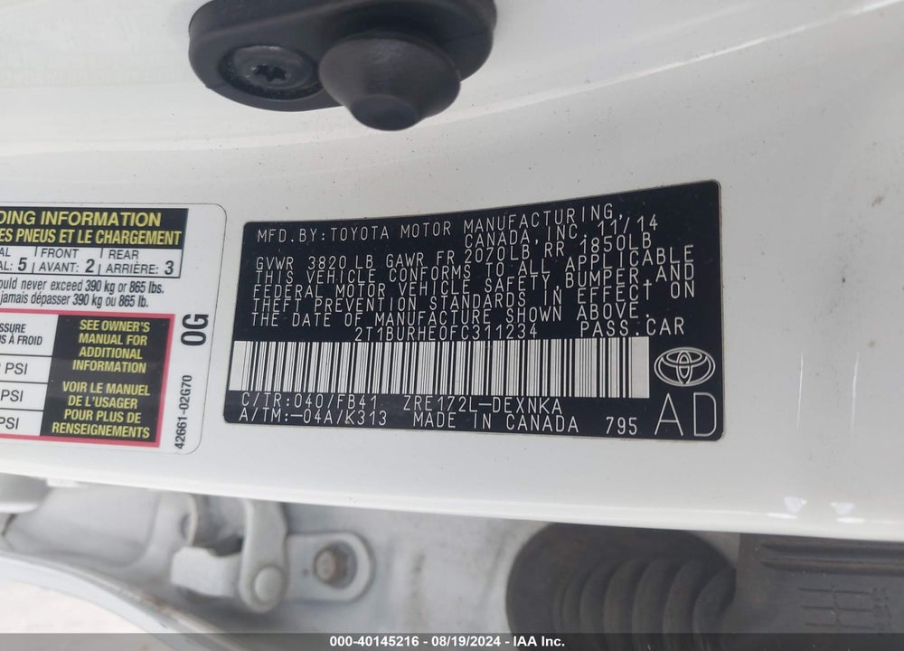2015 TOYOTA COROLLA LE VIN: 2T1BURHE0FC311234