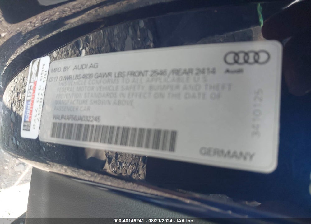 2018 AUDI S5 3.0T PREMIUM PLUS VIN: WAUP4AF56JA032245
