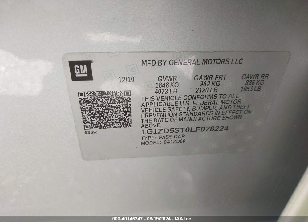 2020 CHEVROLET MALIBU FWD LT VIN: 1G1ZD5ST0LF078224