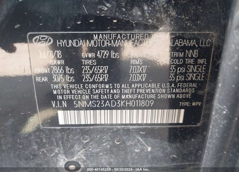 2019 HYUNDAI SANTA FE SE VIN: 5NMS23AD3KH011809