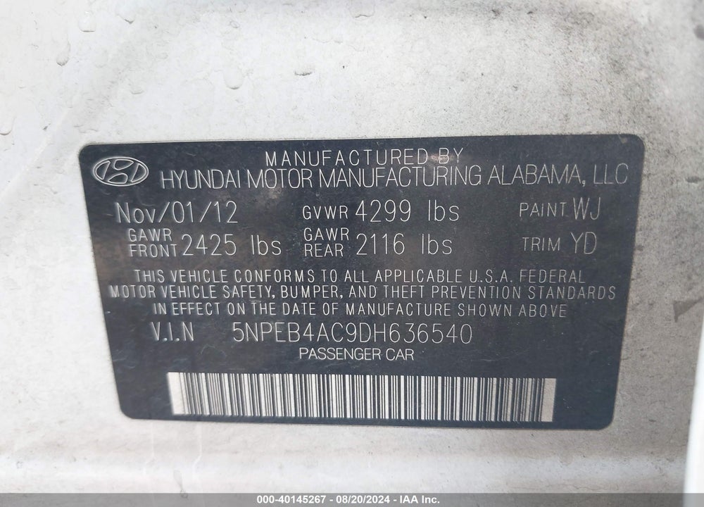 2013 HYUNDAI SONATA GLS VIN: 5NPEB4AC9DH636540