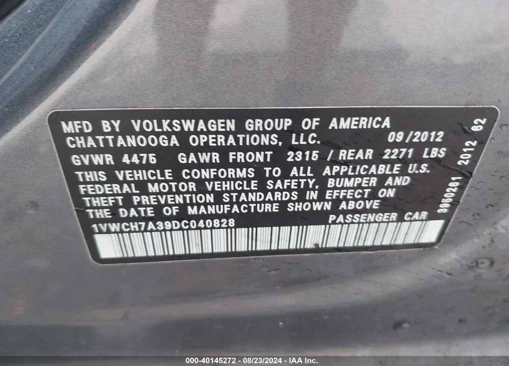 2013 VOLKSWAGEN PASSAT 2.5L SEL PREMIUM VIN: 1VWCH7A39DC040828