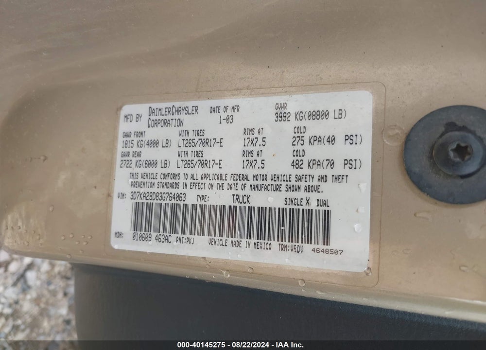 2003 DODGE RAM 2500 VIN: 3D7KA28D83G764063