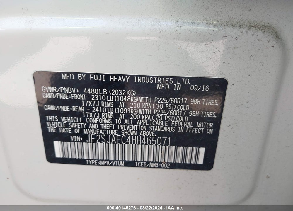 2017 SUBARU FORESTER 2.5I PREMIUM VIN: JF2SJAEC4HH465071