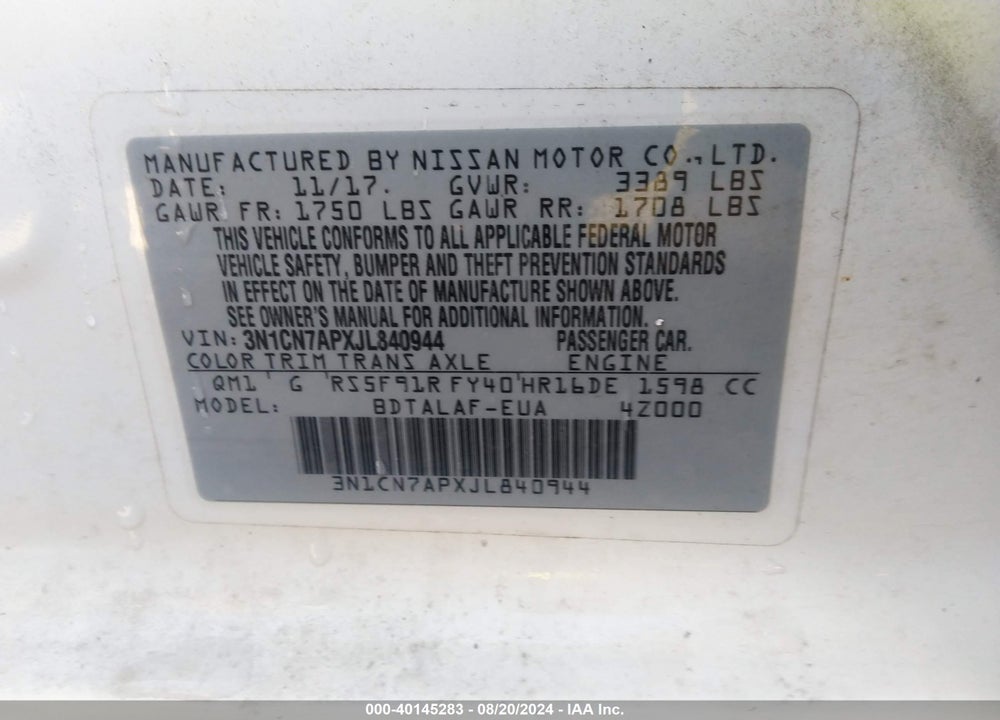 2018 NISSAN VERSA 1.6 S+ VIN: 3N1CN7APXJL840944