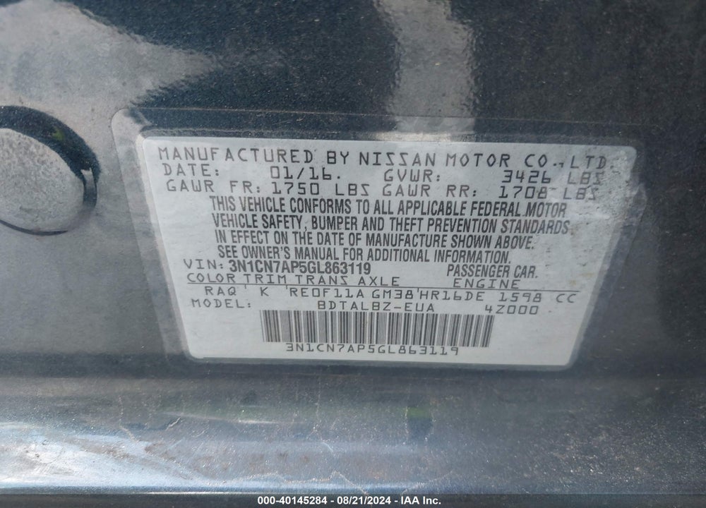 2016 NISSAN VERSA 1.6 SV VIN: 3N1CN7AP5GL863119