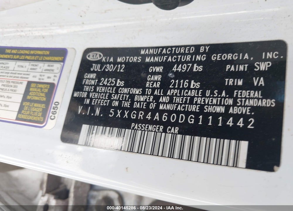 2013 KIA OPTIMA SX VIN: 5XXGR4A60DG111442