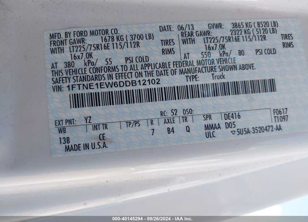 2013 FORD E-150 COMMERCIAL VIN: 1FTNE1EW6DDB12102