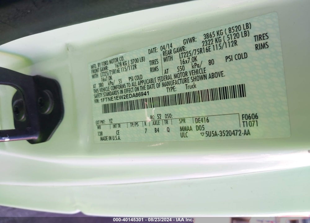 2014 FORD E-150 COMMERCIAL VIN: 1FTNE1EW2EDA86941