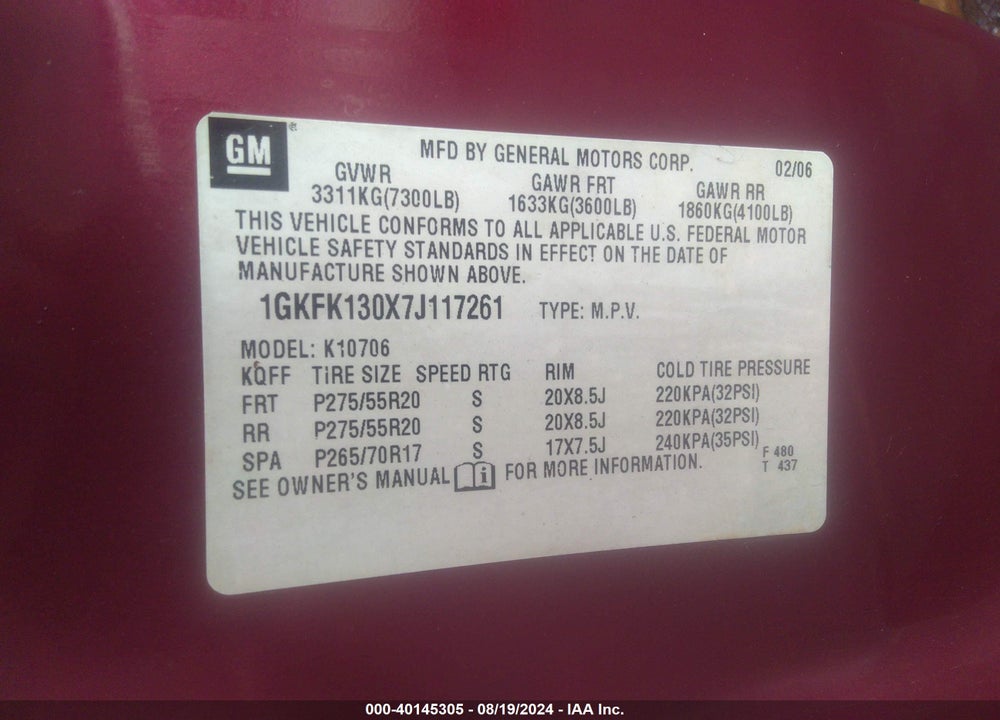 2007 GMC YUKON SLT VIN: 1GKFK130X7J117261