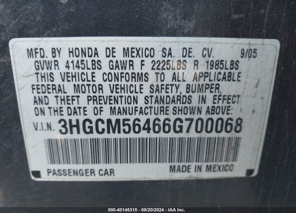 2006 HONDA ACCORD 2.4 LX VIN: 3HGCM56466G700068