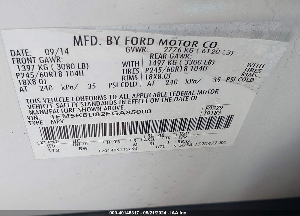2015 FORD EXPLORER XLT VIN: 1FM5K8D82FGA85000