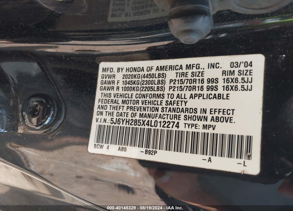 2004 HONDA ELEMENT EX VIN: 5J6YH285X4L012274