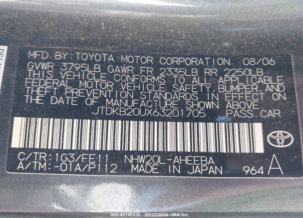 2006 TOYOTA PRIUS VIN: JTDKB20UX63201705