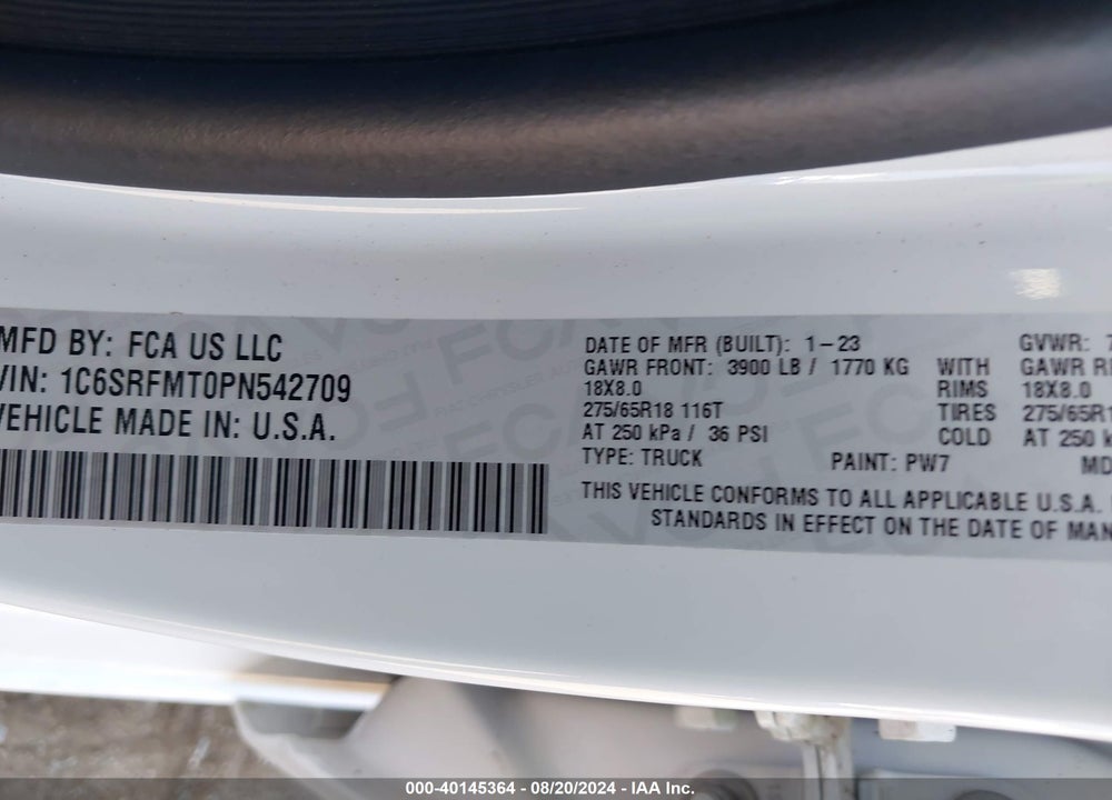 2023 RAM 1500 BIG HORN 4X4 6'4 BOX VIN: 1C6SRFMT0PN542709