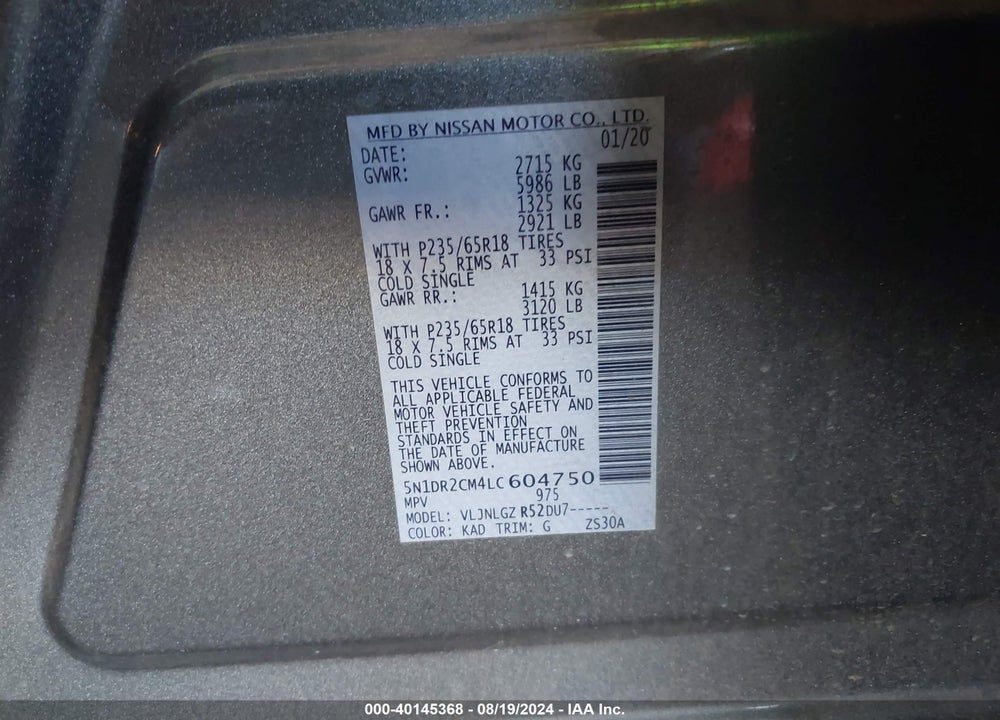 2020 NISSAN PATHFINDER SL 4WD VIN: 5N1DR2CM4LC604750