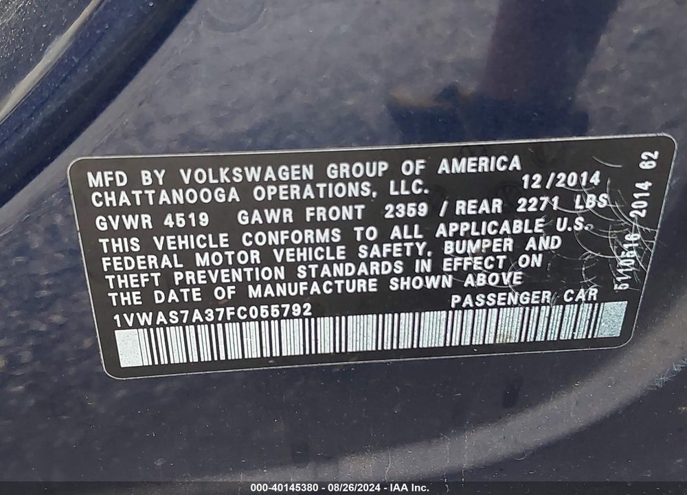 2015 VOLKSWAGEN PASSAT 1.8T WOLFSBURG EDITION VIN: 1VWAS7A37FC055792