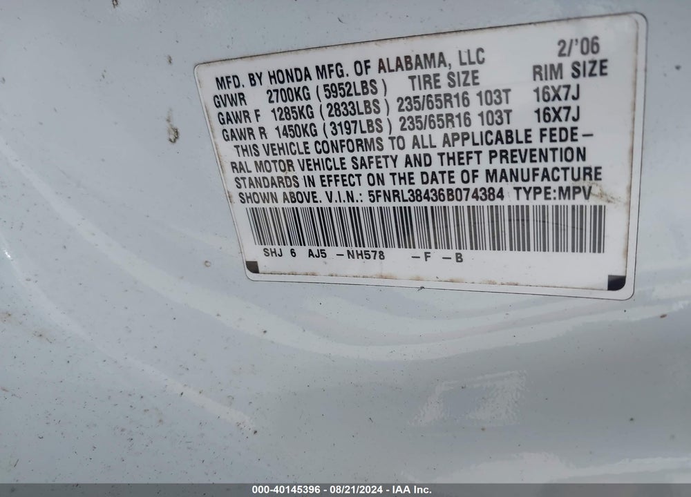2006 HONDA ODYSSEY VIN: 5FNRL38436B074384