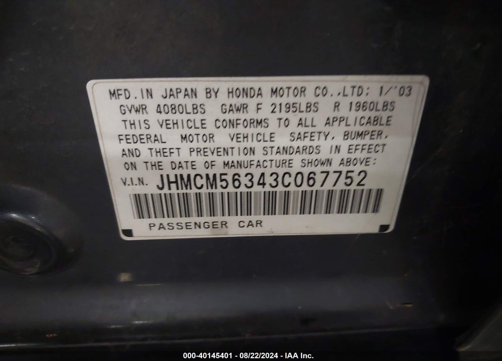 2003 HONDA ACCORD 2.4 LX VIN: JHMCM56343C067752