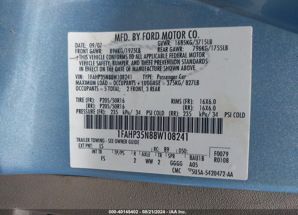 2008 FORD FOCUS SE/SES VIN: 1FAHP35N88W108241