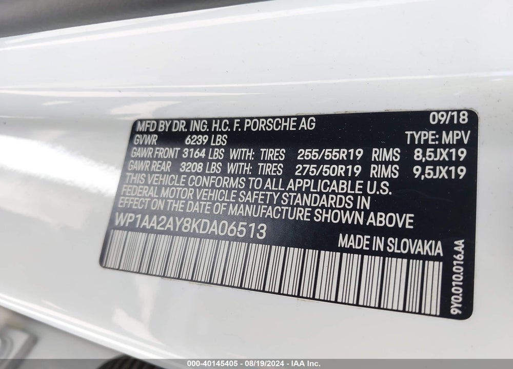 2019 PORSCHE CAYENNE VIN: WP1AA2AY8KDA06513