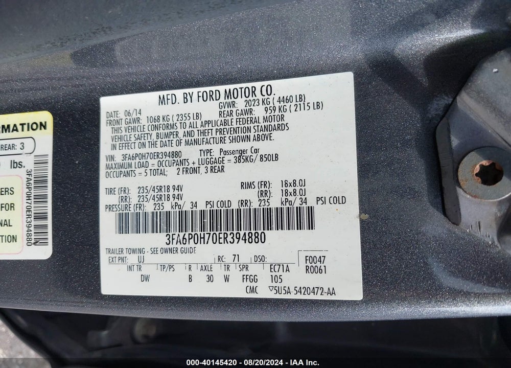 2014 FORD FUSION SE VIN: 3FA6P0H70ER394880