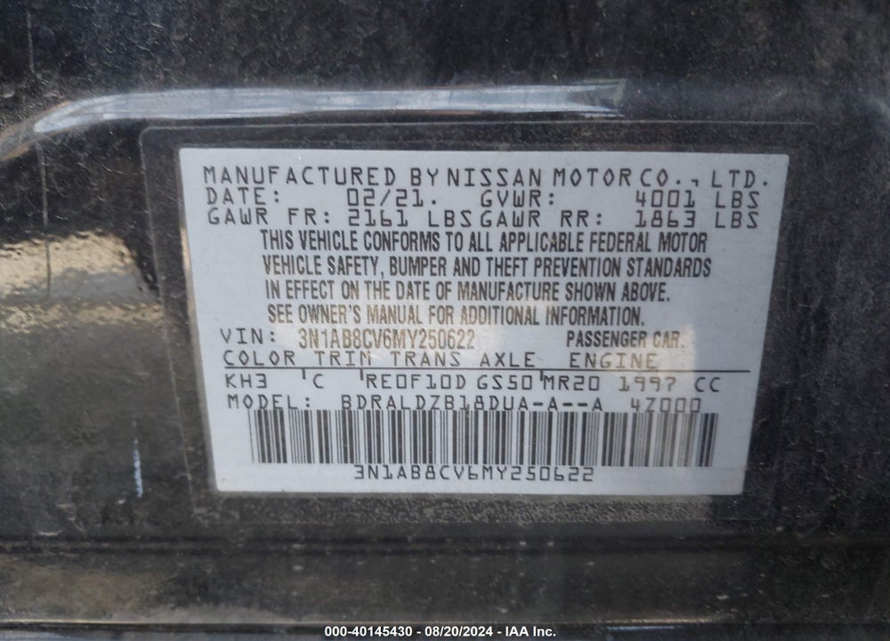 2021 NISSAN SENTRA SV XTRONIC CVT VIN: 3N1AB8CV6MY250622