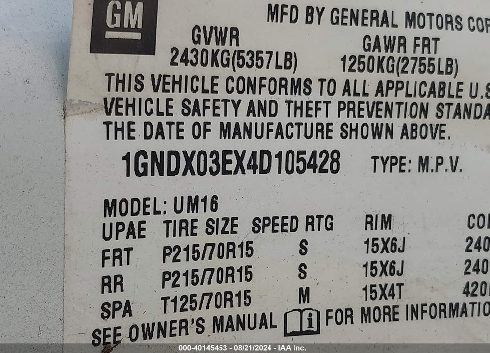 2004 CHEVROLET VENTURE LS VIN: 1GNDX03EX4D105428