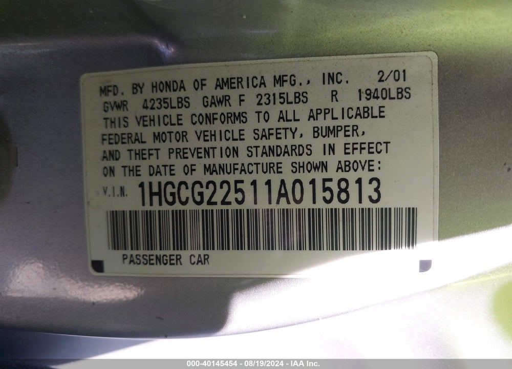 2001 HONDA ACCORD 3.0 EX VIN: 1HGCG22511A015813
