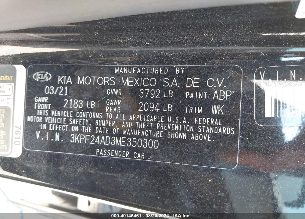 2021 KIA FORTE LXS VIN: 3KPF24AD3ME350300