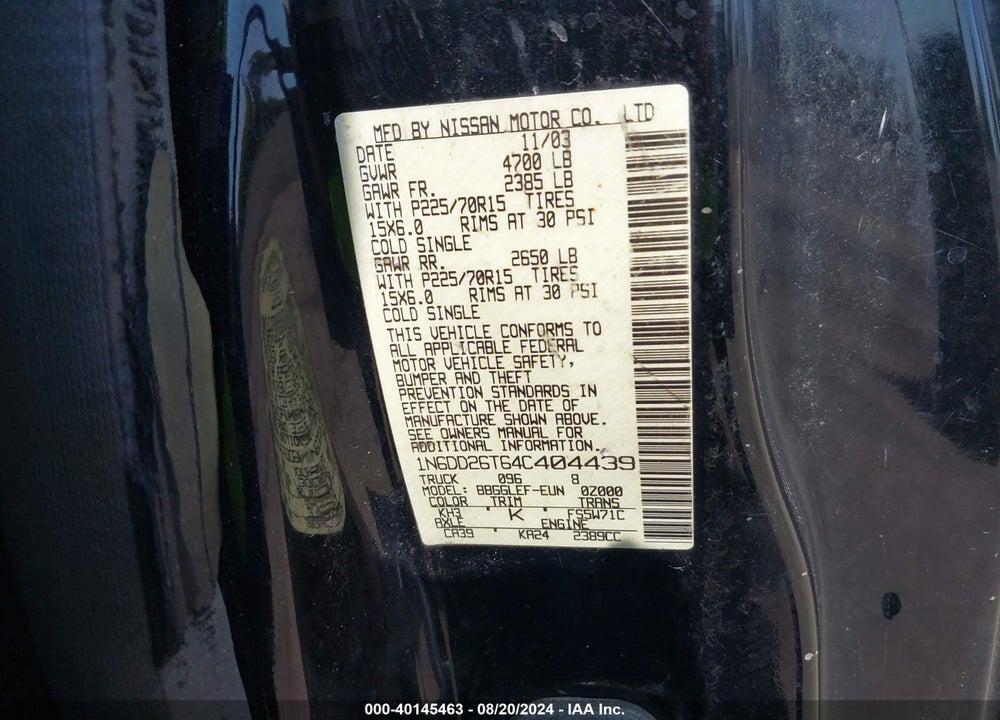 2004 NISSAN FRONTIER VIN: 1N6DD26T64C404439