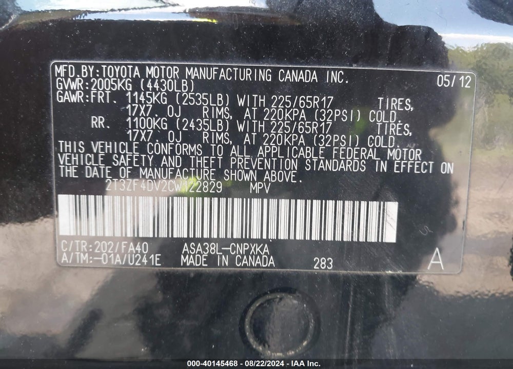 2012 TOYOTA RAV4 VIN: 2T3ZF4DV2CW122829