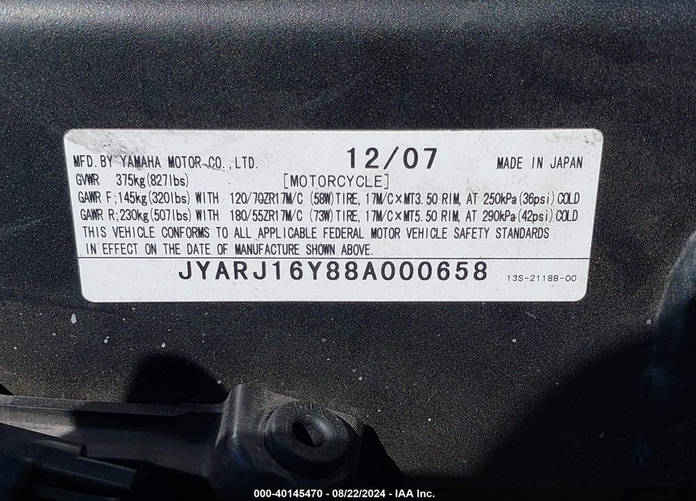 2008 YAMAHA YZFR6 VIN: JYARJ16Y88A000658