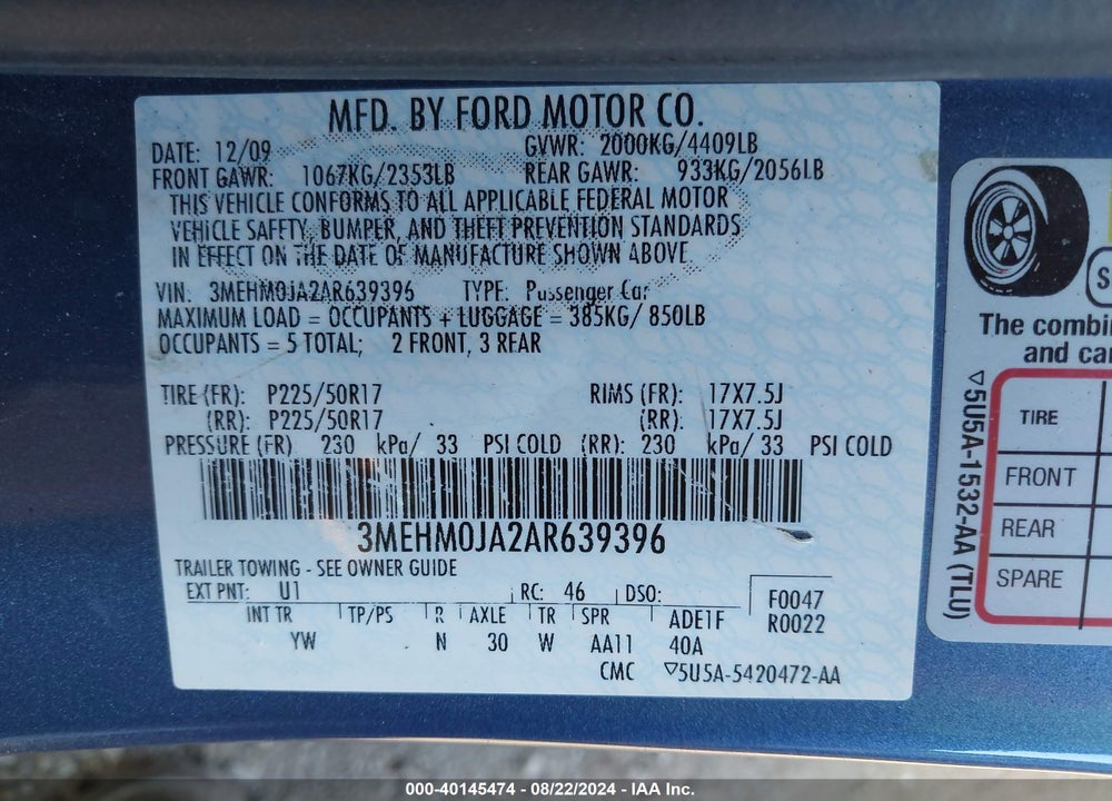 2010 MERCURY MILAN VIN: 3MEHM0JA2AR639396