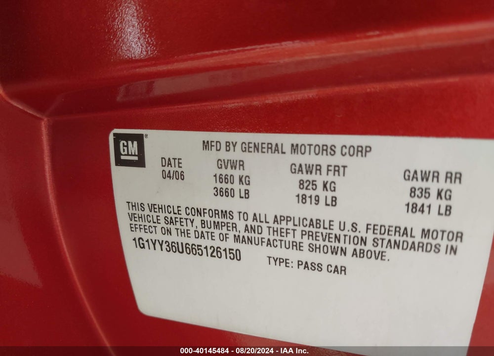 2006 CHEVROLET CORVETTE VIN: 1G1YY36U665126150