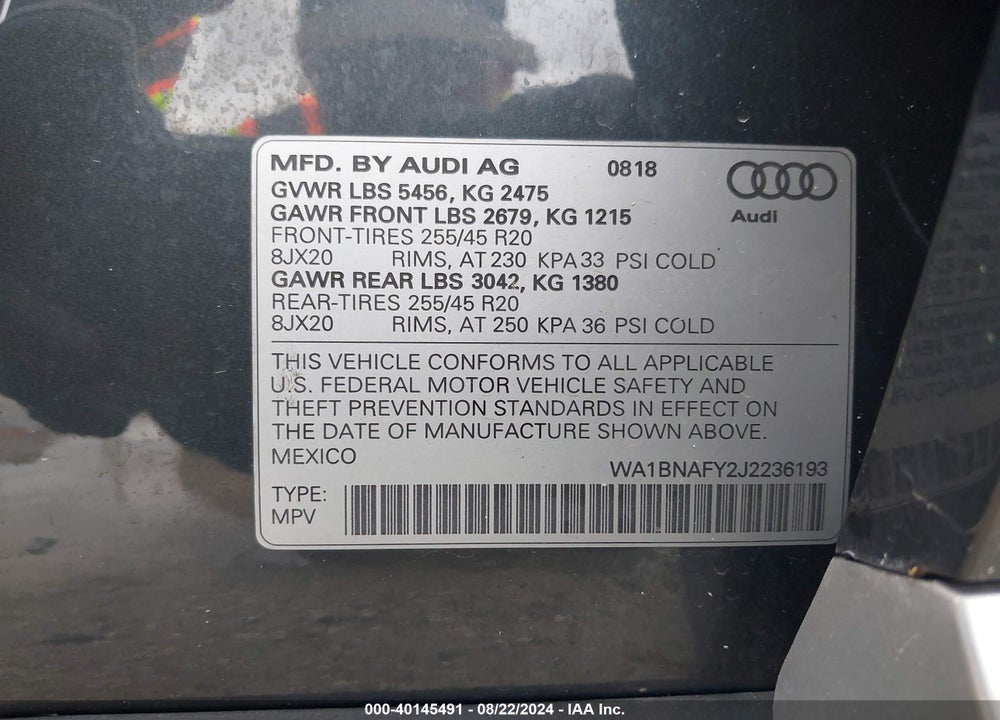 2018 AUDI Q5 2.0T PREMIUM/2.0T TECH PREMIUM VIN: WA1BNAFY2J2236193