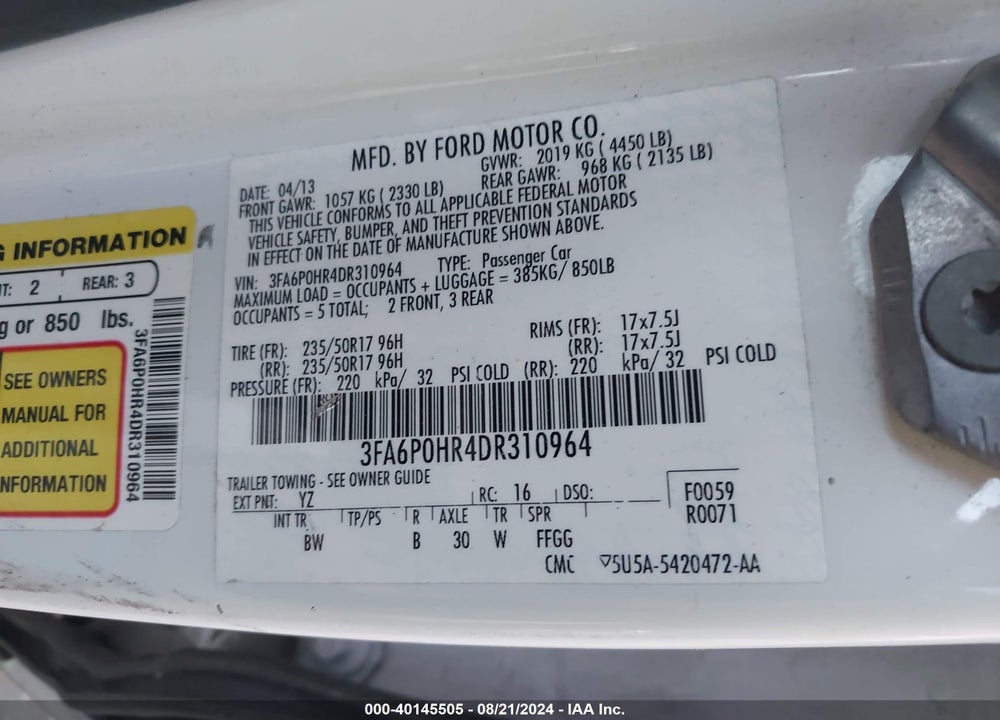 2013 FORD FUSION SE VIN: 3FA6P0HR4DR310964