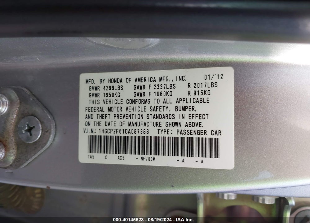 2012 HONDA ACCORD 2.4 SE VIN: 1HGCP2F61CA087388