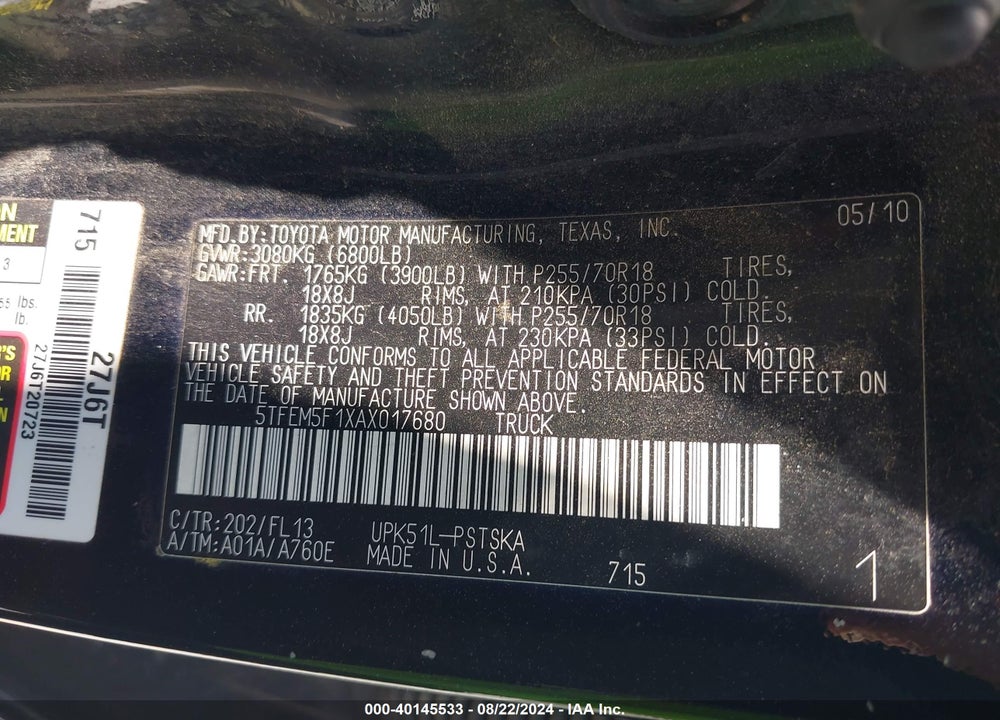 2010 TOYOTA TUNDRA GRADE 4.6L V8 VIN: 5TFEM5F1XAX017680