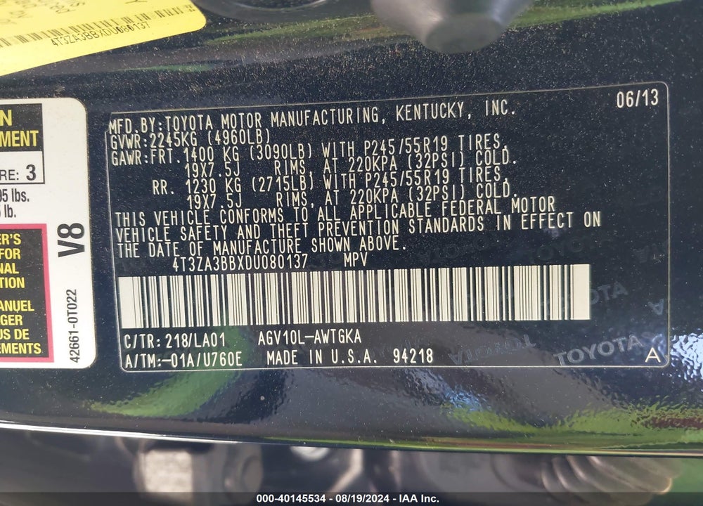 2013 TOYOTA VENZA XLE VIN: 4T3ZA3BBXDU080137