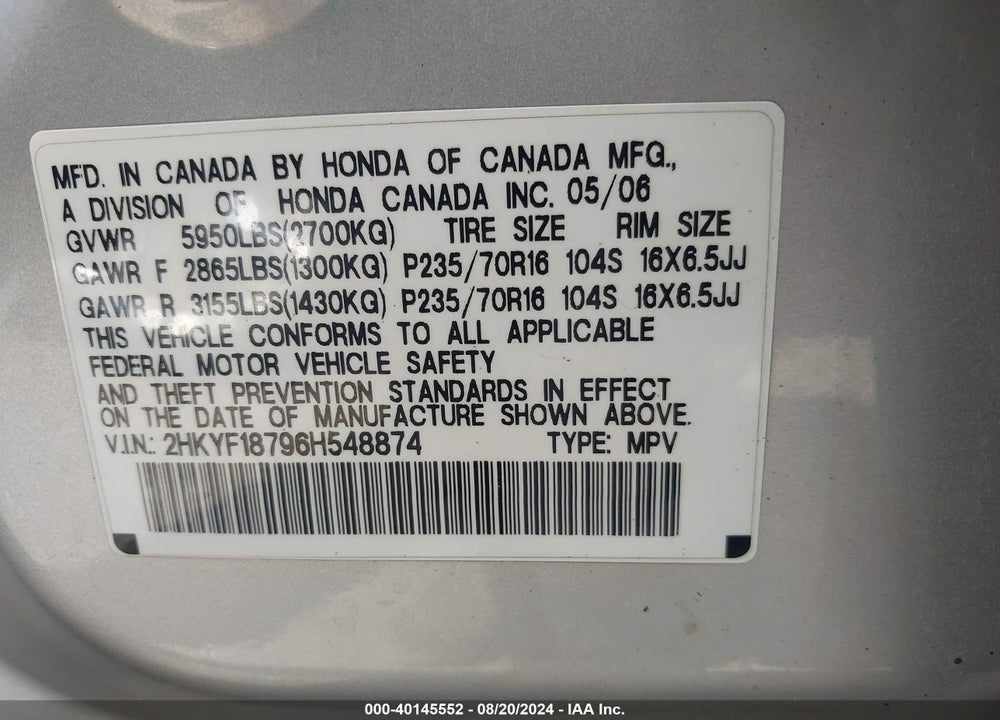 2006 HONDA PILOT EX-L VIN: 2HKYF18796H548874