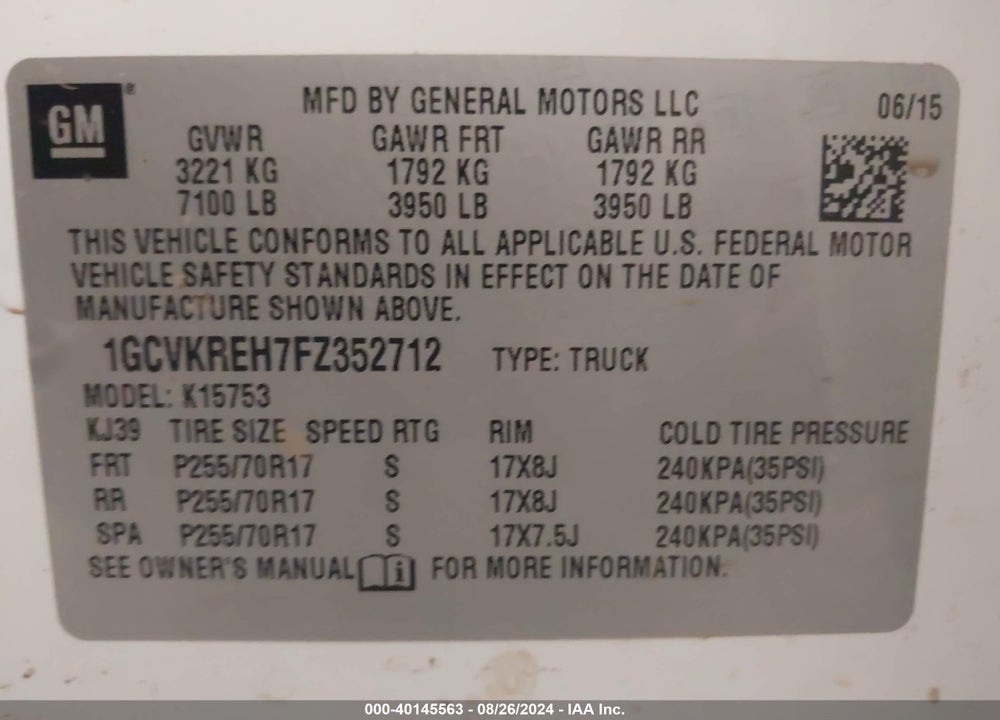 2015 CHEVROLET SILVERADO 1500 1LT VIN: 1GCVKREH7FZ352712