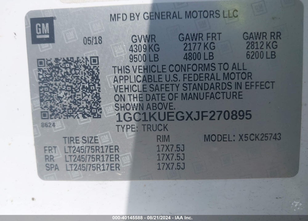 2018 CHEVROLET SILVERADO 2500HD WT VIN: 1GC1KUEGXJF270895