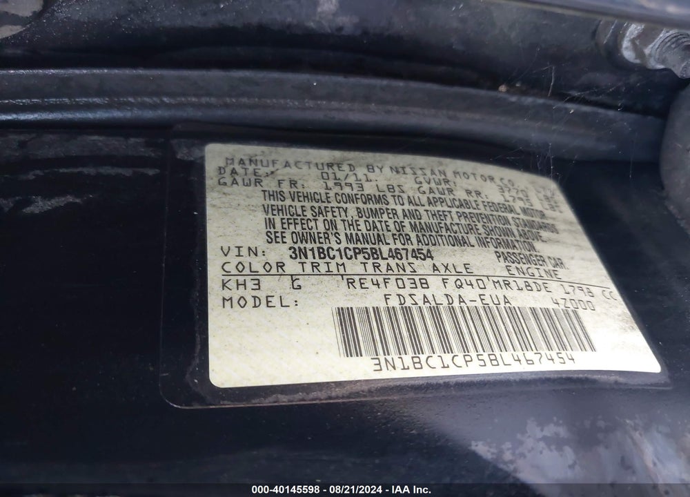 2011 NISSAN VERSA 1.8S VIN: 3N1BC1CP5BL467454