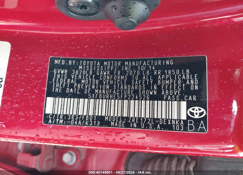 2015 TOYOTA COROLLA LE VIN: 5YFBURHE5FP224526