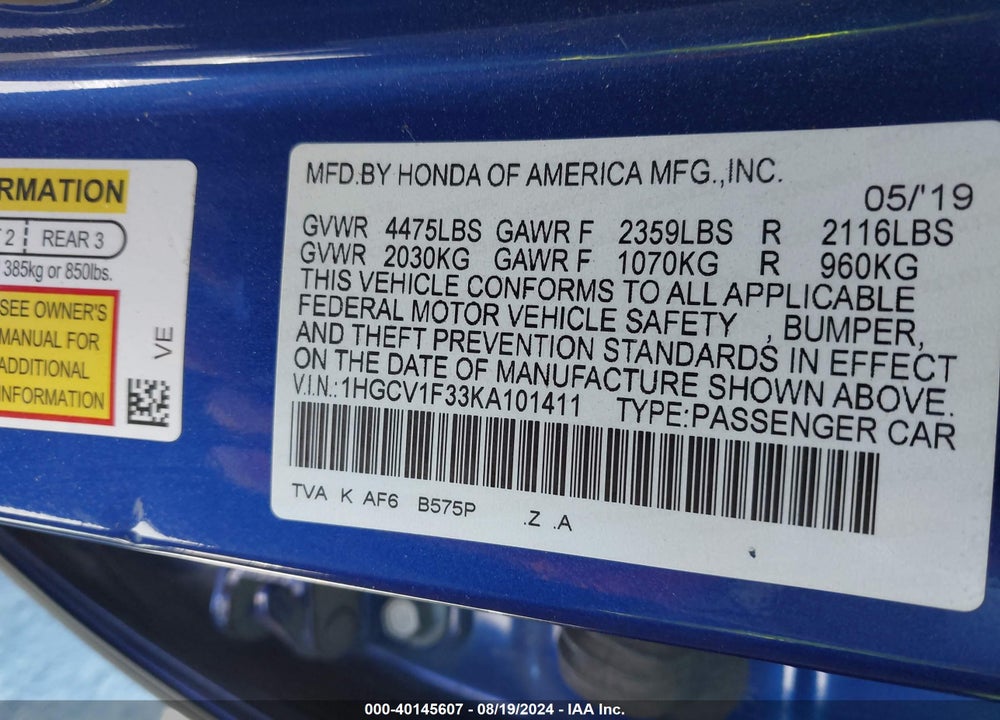 2019 HONDA ACCORD SPORT VIN: 1HGCV1F33KA101411