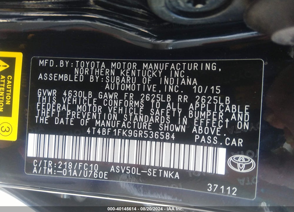 2016 TOYOTA CAMRY LE VIN: 4T4BF1FK9GR536584