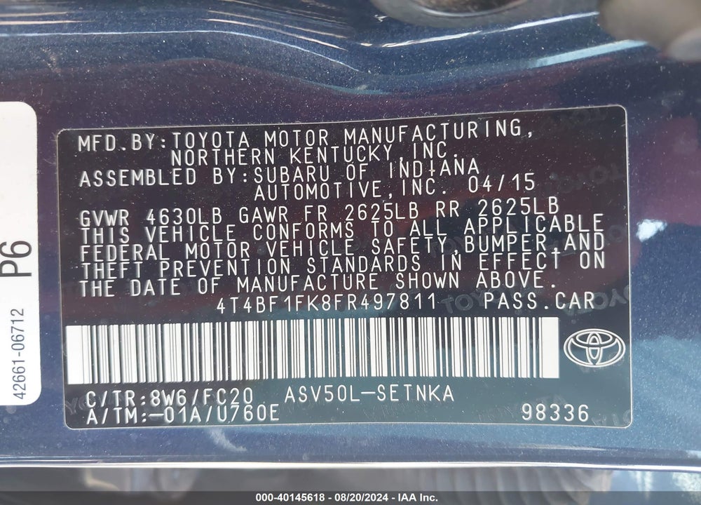 2015 TOYOTA CAMRY LE VIN: 4T4BF1FK8FR497811