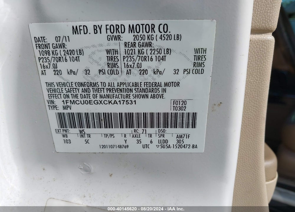 2012 FORD ESCAPE LIMITED VIN: 1FMCU0EGXCKA17531